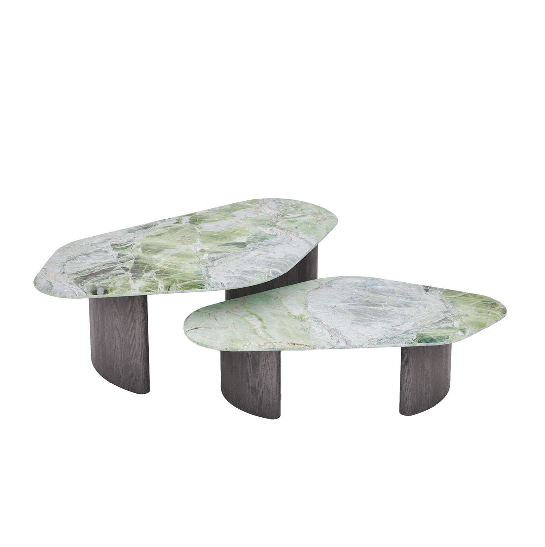 Triangular Marble Coffee Table, Set of 2, Curvy Fior di Pesco Blue Mare Green Abbey