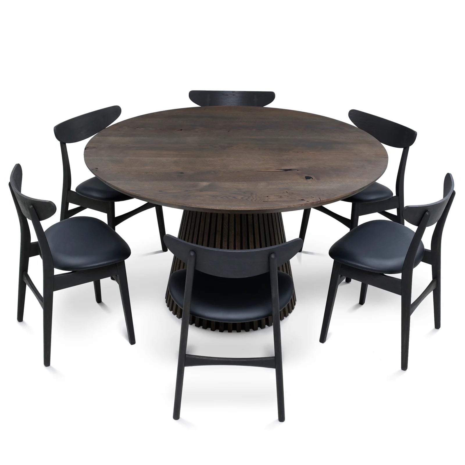 Handcrafted 4cm thick solid wood, oak round dining table extending from 100cm to 180cm for 4,6,8,10,12 seater. Available in black and white with chairs.
